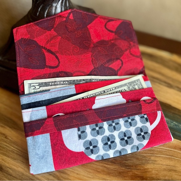 Cash Envelope/Receipt holder Fabric Handmade Wallet Tea Time Teapots and Cups - Picture 2 of 4
